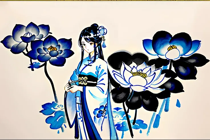 Mono Color，Blue and white colors，1Beautifulwoman，(Ancient beauty:1.4)，White lotus， Ink sketch， Hanfu beauty，Lots of white space， white backgrounid，Traditional Chinese Ink Painting, Traditional Chinese art, author：Guo Xi, author：Ma Yuanyu, Traditional Chine...