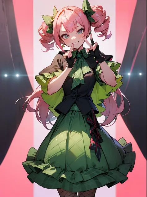 ((masutepiece:1.5)), ((hyper quality)), ((Hyper Detailed)), ((Perfect drawing)),((Hi-Res)),1girl in,huge smile,(((With a cute smile)))、(Loose and fluffy hair),(((drills twintails))),(((A pink-haired))),((Big eyes with double eyelids)),(lofty nose),(blusher...