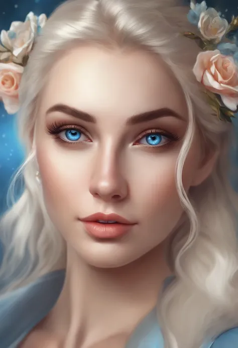 blond woman with blue eyes and blue hair with a bow on her head, beautiful digital illustration, stunning digital illustration, kawaii realistic portrait, adorable digital painting, webcam photography gorgeous digital painting, cgsociety portrait, realisti...