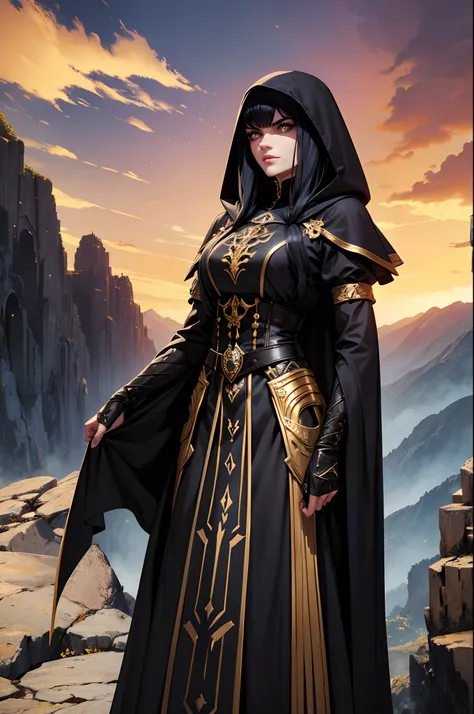 An adult wizard character wearing a hooded robe and gothic armor with black details. Tax Posture, face with serious expression, cabelo na cor preta liso preso, espada presa a cintura, cabelo na cor preta, livro preso a cintura, a remarkable beauty, Magnifi...