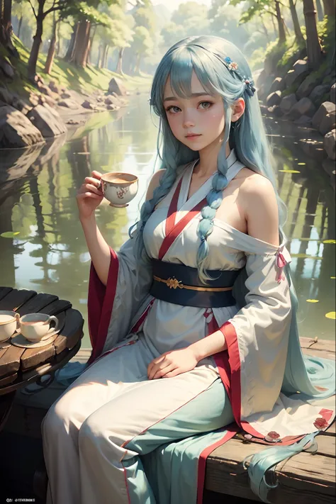 Masterpiece, Best Quality, Official Art, 8k Wallpaper, Very Detailed, Illustration, 1 Girl, Sky Blue Hair, Long Hair, Detailed Eyes, Forrest Gump, Bare Shoulders, Hanfu, Lake, Pure, Soft Smile, bamboo, tea