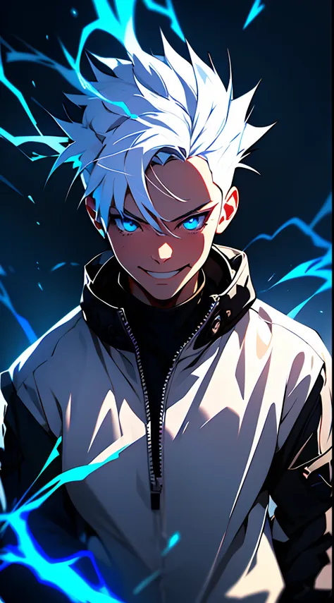 masterpiece, 1boy, smiling, anime boy wearing cyberpunk streetwear, white hair, blue eyes, the effect of electricity coming out ...