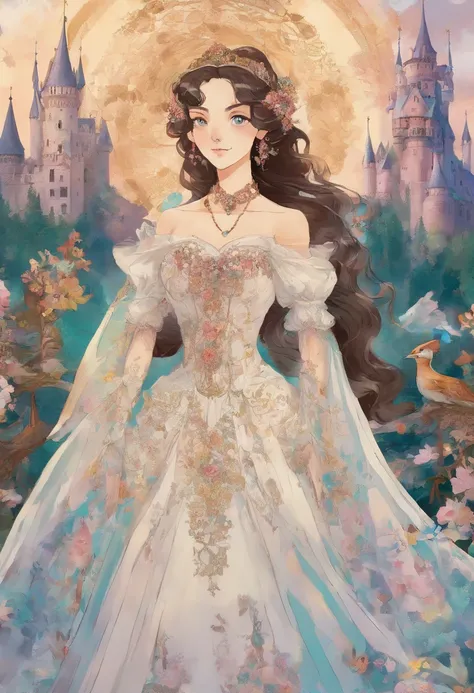 Girl in Wedding Dress, Hair color is black、Eye color is also dark brown、Long necklaces and earrings, Neuschwanstein Castle in the style of landscape, colorful animation stills, Masami Teraoka, aquamarine, paul gauguin, Embry style, Girls who look like Emma...