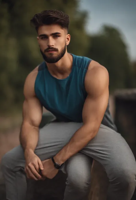 balkan guy, light beard, 20 y.o., short height, stocky build, with gym clothes, broad shoulders, black haired