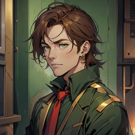 Man tie and term dark green colors, red tie, brown hair, small gold earring right ear, outlined black, anime, golden eyes, cold look, expression would be