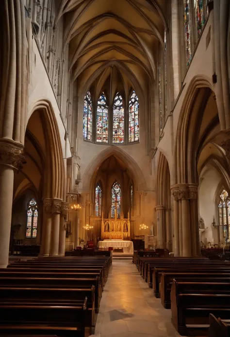 arafed view of a church with stained glass windows and pews, mystical cathedral windows, gothic church background, in this church interior, Jesus church interior, church interior, in a sanctuary, standing inside of a church, gothic interior, in a large cat...