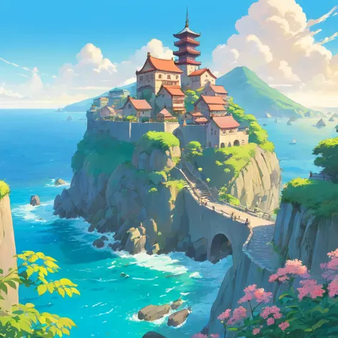 Beautiful ocean view，There are various flowers，There is a town built into high cliffs with platforms and ramps，Cartoon drawing style，​masterpiece，Highest quality, colorful scenery, fantasy world, serene