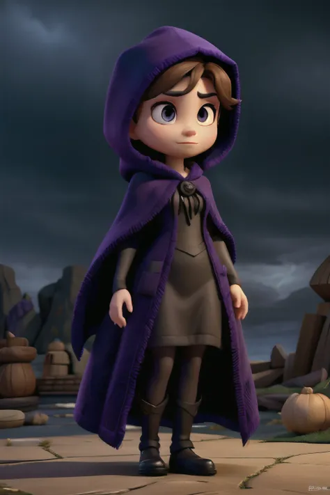 A woman who is a dark and mysterious woman, serious looking, dressed in a dark purple robe with a hood, and a spider web cape, background is dark storm clouds, mood is apprehensive, frustrating, ambiguous, inscrutable, eerie night time light, character des...