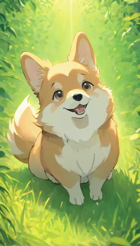 Chinese Corgi illustration film lighting effects，Corgi sitting on grass，His eyes were fixed on the screen，Optimize eye detail，Corgi sitting on grass，His eyes were fixed on the screen，Optimize eye detail，top-quality，high detal，top-quality，8K, 3d rendered，VR...