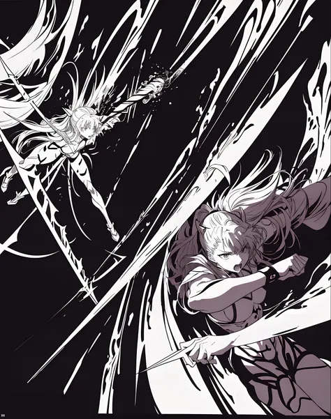 Drawing of two people fighting for swords, intense line art, perfect lineart, sharp lineart, fiery battle coloring, evangelion beast mode, Fire!! full bodyesbian, Line art!!, manga scans, with index finger, anime fight, bold lineart, zerochan, close-up fig...