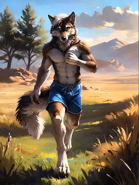 ((Solo)), male people, anthro wolf, (Multi-colored fur, White-brown:1.3), ((Wolf face, White hair, Big eyes, White eyelids, Blue pupil, Slim:1.2) (Tough, Calm expression:1.2)), Abs, Slim, pinging)), (Correct anatomy), (Work shorts:1.1), (Contour bone:1.2),...