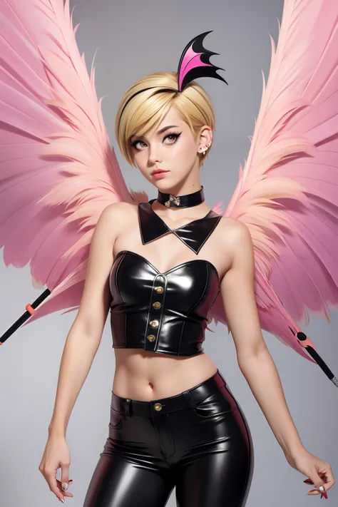 Girl in y2k Halloween costume, blonde short hair Emo Pin up Girl, flamingo wings, Striking a pose, natural make up, skinny girl, innocent,