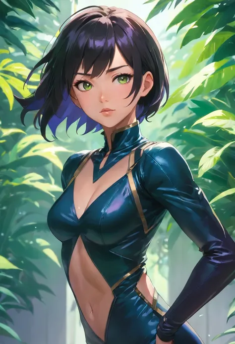 (best quality,4k,8k,highres,masterpiece:1.2),ultra-detailed,(realistic,photorealistic,photo-realistic:1.37),Juri from SFVI,woman with short black hair, wearing leather clothing, black and green outfit,vibrant colors, dynamic lighting, toxic atmosphere,lush...