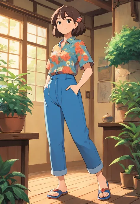 solid color backdrop，character  design，middle aged women，countryman，Floral shirt，blue pants，slippers