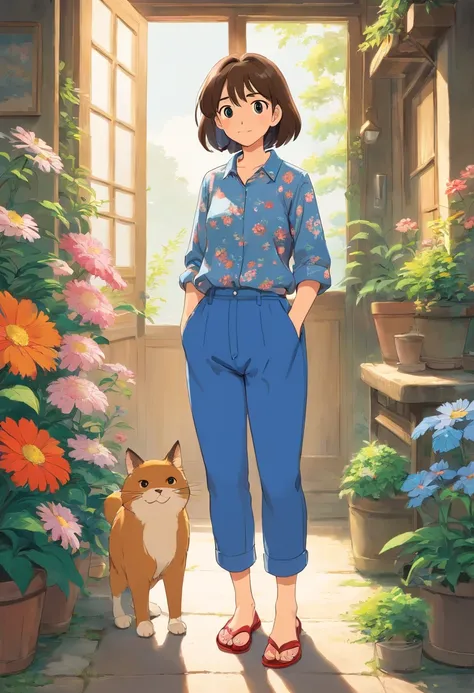 solid color backdrop，character  design，middle aged women，countryman，Floral shirt，blue pants，slippers