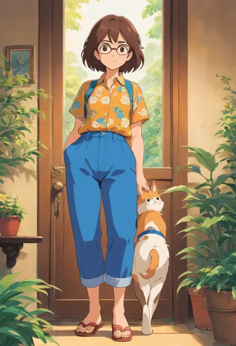 solid color backdrop，character  design，middle aged women，countryman，Floral shirt，blue pants，slippers