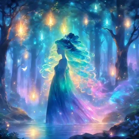 (best quality,highres,ultra-detailed),female with glowing teal eyes,rainbow colored hair,casting glowing spells,mystical forest,witch,goddess,medium:oil painting,beautiful detailed lips,dark and mysterious atmosphere,flowing gown,ethereal light,sorcery and...