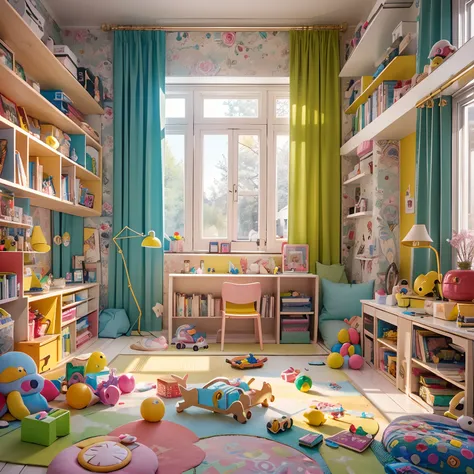 (best quality,highres:1.2,ultra-detailed,realistic,physically-based rendering),beautiful room,Toys,vivid colors,sharp focus,toy shelf,curtains on windows