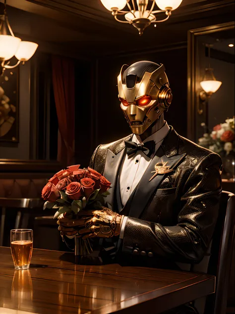 Rusty robot dressed in a tuxedo, Robot head, Sitting at the table of a nice restaurant, in his right hand he held a bouquet of red roses tied with a golden ribbon, Intricate details, A masterpiece, Unreal Engine 5, Rendering octane, 8k