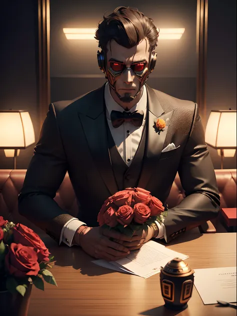 Rusty robot dressed in a tuxedo, Robot head, Sitting at the table of a nice restaurant, in his right hand he held a bouquet of red roses tied with a golden ribbon, Intricate details, A masterpiece, Unreal Engine 5, Rendering octane, 8k