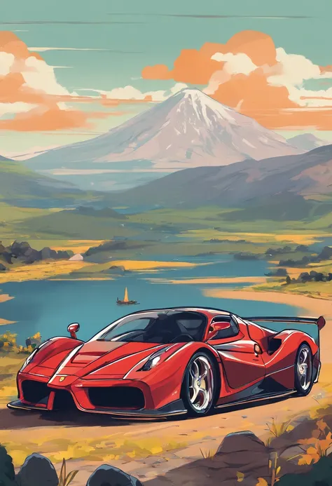 T-shirt design, genshin impact graphic, vector, a ferrari enzo with a scenic landscape in the background, detailed illustration, and retro style