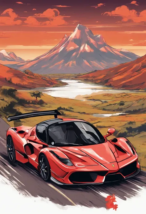 T-shirt design, genshin impact graphic, vector, a ferrari enzo with a scenic landscape in the background, detailed illustration, and retro style