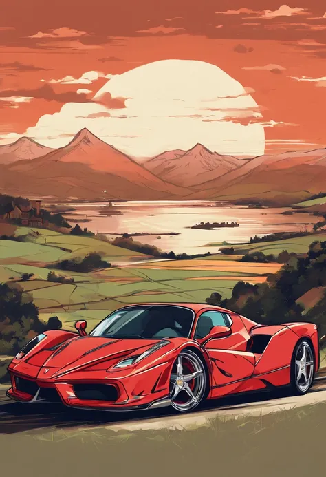 T-shirt design, genshin impact graphic, vector, a ferrari enzo with a scenic landscape in the background, detailed illustration, and retro style