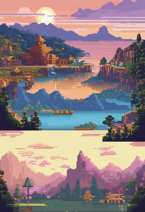 Pixel art tourist destination landscape. Evening. 3d pixel art 4k wallpaper. Incredible pixel art details. Pixel art. Steam waves. Detailed unreal engine pixel art