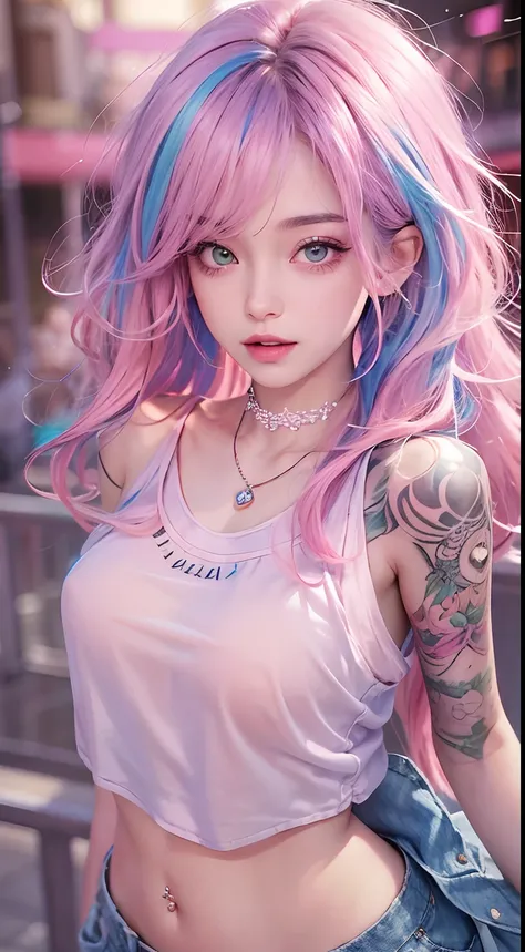 1girll,（Captivating quality：1.4），（True textured skins of the highest quality), Delicate face,Pink twin-tailed hair, Gradient Hair, （perfect bodies：1.1），Heart-shaped choker、long eyelasher,grin, hyperphotorealism, Cinematic lighting, projected inset, surreal...