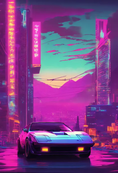 retrowave. city, 1969 Nissan S30, wide body kit, road, purple neon lights, sun, mountain, (masterpiece,detailed,highres),