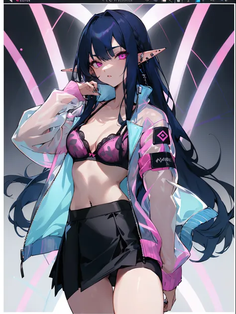 A  girl,( dark blue long hair), body piercings, pink eyes, elf ears, ((Transparent jacket, Under the jacket, The bra is black, tight skirt))