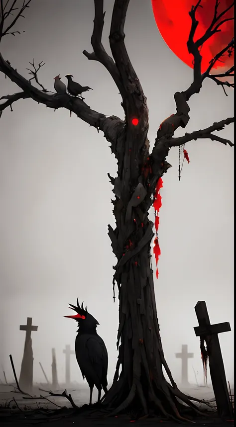 oil, a dead tree, sadness, gray, empty feeling,loniless, branches, fog, horror, (red moon), artistic, sad emotions, cinematic image,crows, death,danger, graveyard, cross,