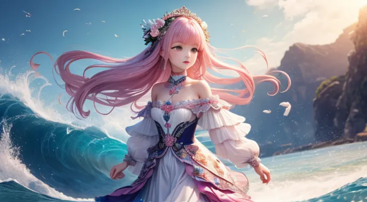 The little lady with long pink hair is on the scene of the sea world，It gives a sense of vitality and femininity。Her long hair was as soft as silk，Delicadamente coberta sobre os ombros，Dancing gently with the wind。Cada fio de cabelo exala um leve brilho，Pa...