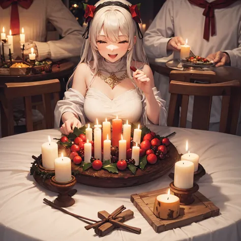 Candlelit Winter Feast:
A table adorned with candles and festive decorations, the aroma of a hearty winter meal, and the joyous company of loved ones, creating a warm and festive atmosphere.