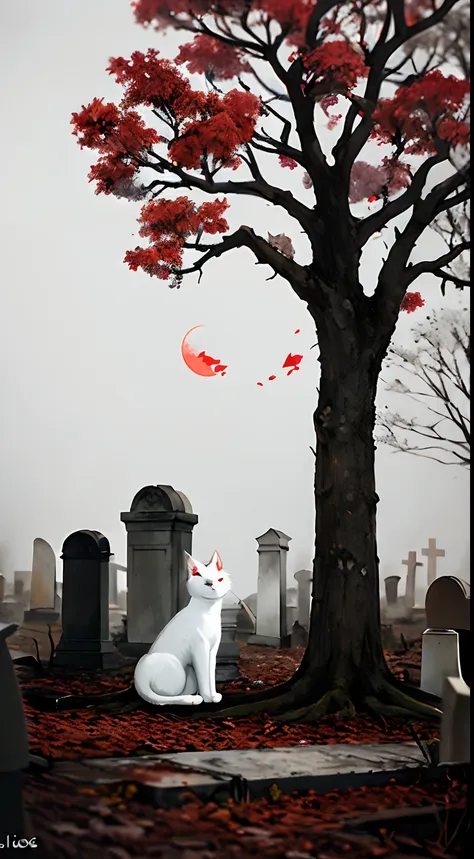 a white cat in a graveyard, oil, a dead tree, sadness, gray, empty feeling,loniless, branches, fog, horror, (red moon), artistic...