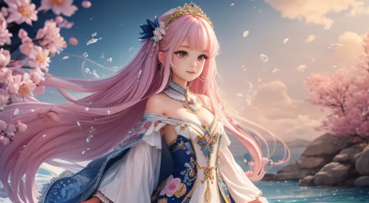 The little lady with long pink hair is on the scene of the sea world，It gives a sense of vitality and femininity。Her long hair was as soft as silk，Delicadamente coberta sobre os ombros，Dancing gently with the wind。Cada fio de cabelo exala um leve brilho，Pa...