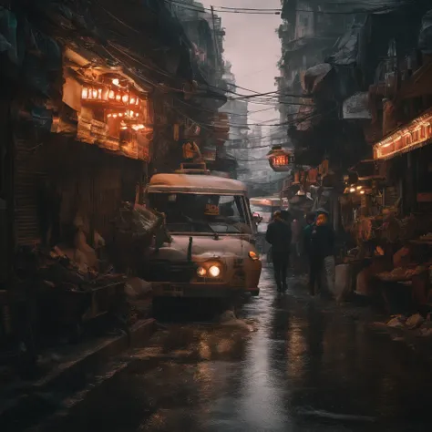 masterpiece, 8k, Ultra-high resolution, a dystopian future Tokyo depicted in the style of cubism, with rain-soaked streets reflecting neon lights, a skyline dominated by biomechanical designs, amidst the rubble, a lone silhouette of a girl standing atop he...