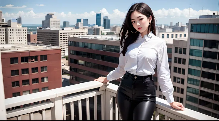 1girl,Tight pants, white shirt, long hair, top of the building, beautiful