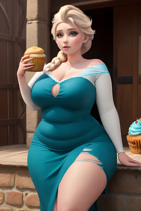 masterpiece, best quality, photorealistic, solo, (detailed eyes:0.9), Elsa, cute beautiful face, eating muffin, very chubby, chubby belly, curvy, plump, young, fat rolls, belly rolls, muffin top, sexy, tight teal dress, ripped dress, torn dress, thunder th...