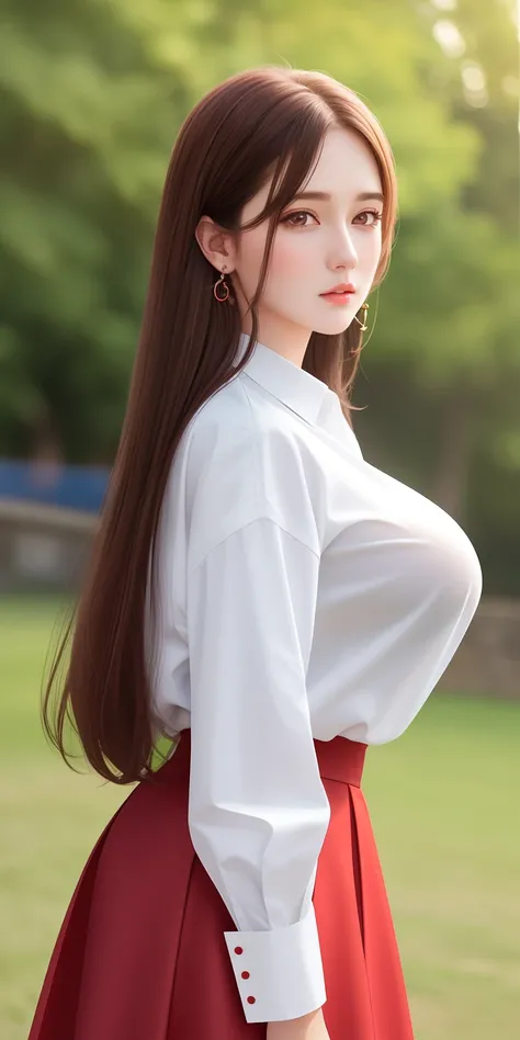 1girl, (white shirt and red skirt),long hair,brown hair,brown eyes,earring,outdoors, detailed face, detailed eyes, huge breasts, shiny skin, looking at the audience, (8k, RAW photo, best quality, masterpiece: 1.2), (realistic, realistic: 1.37), ultra-high ...