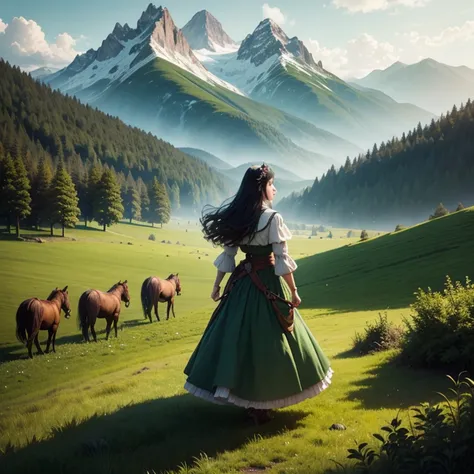 In a green meadow is a girl leading a group of horsemen. BREAK With a brave expression, she guides them towards their destination. BREAK Behind her, a green forest stretches out, and besides, mountains rise in the distance. The most suitable effect for thi...