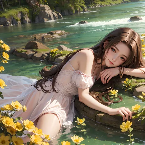 Aerith, long hair, brown fur, flowing against the wind, beautiful bright green eyes, looking at the camera, hair bow, 4k, Ultra HD |  |, hyper detailed, close up, water, detailed water, detailed reflection in water, Final Fantasy River, Old city background...