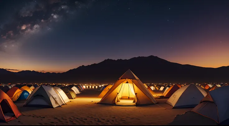 thousands of tents in large camp, in the center a special tent is the sanctuary of God in the desert, the shekinah of God over the sanctuary, fire above the tabernacle, night scene, realistic lighting, cinematic scene, 8k, ultra realism