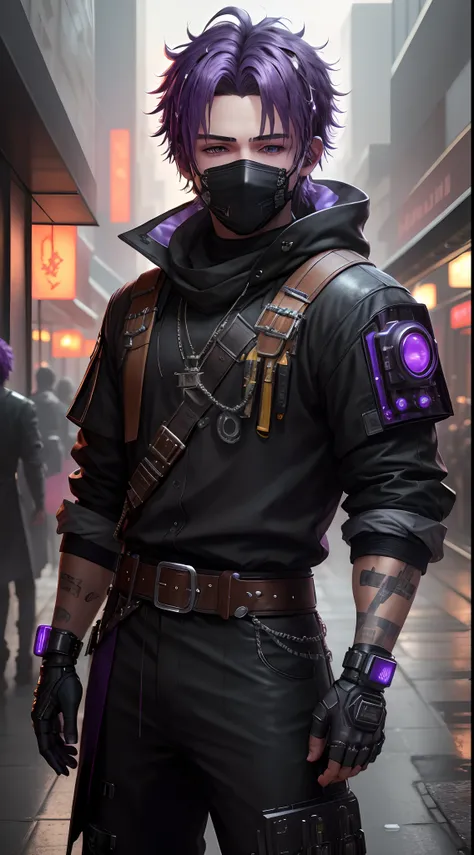 ultra detail, high resolution, ultra detailed, best quality, amazing, top quality, extremely detailed CG 8k wallpaper unit, cinematic lighting, cyberpunk, dark boy, trash gang face mask, 25 purple hair boy, blind with a black bandana covering his eyes, med...