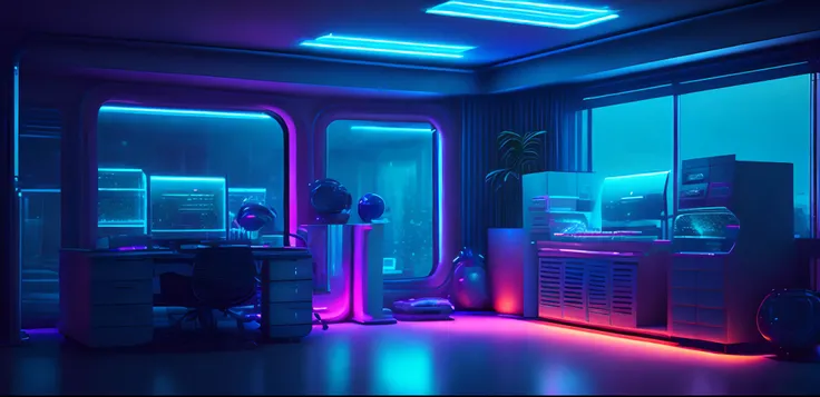 ((master part)), (ultra-detalhado), (detalhes intrincados), (high resolution CGI artwork 8k), Create an image of a retrofuturistic and realistic cyberpunk vaporwave technology lab at night. The laboratory must be extremely detailed with scientific tools. D...