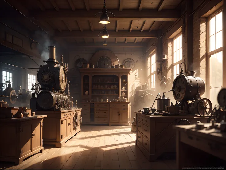 Steampunk digital art of an inventor’s workshop, with intricate machines, gears, and steam engines, extremely detailed, cinematic lighting.