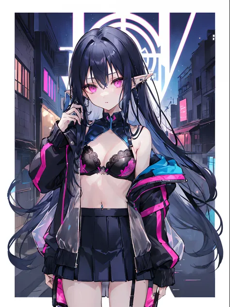 A  girl,( dark blue long hair), body piercings, pink eyes, Little elven ears, ((Transparent jacket, Under the jacket, The bra is black, tight skirt))