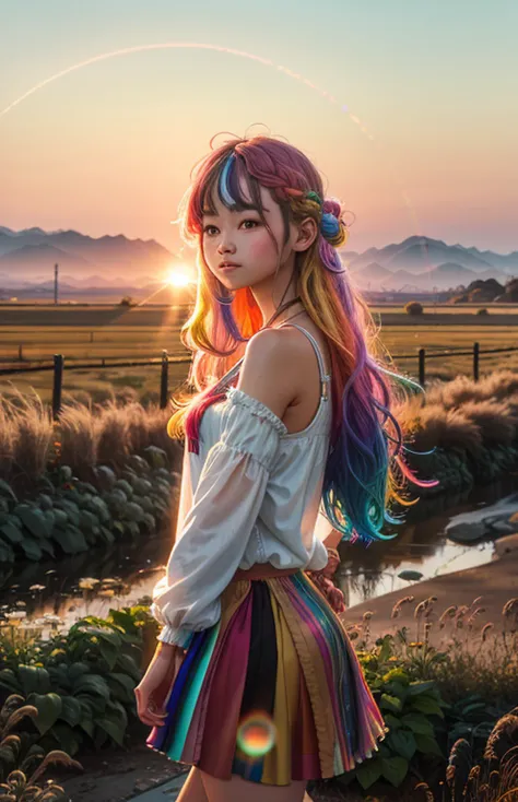 (far view), (1 girl) with loose hair, (sunrise), masterpiece, high quality, morning glow, multicolored glow, nikon d850 4 Kodak portra 400 camera f1.6 lens rich colors, ultra realistic textures, unreal engine