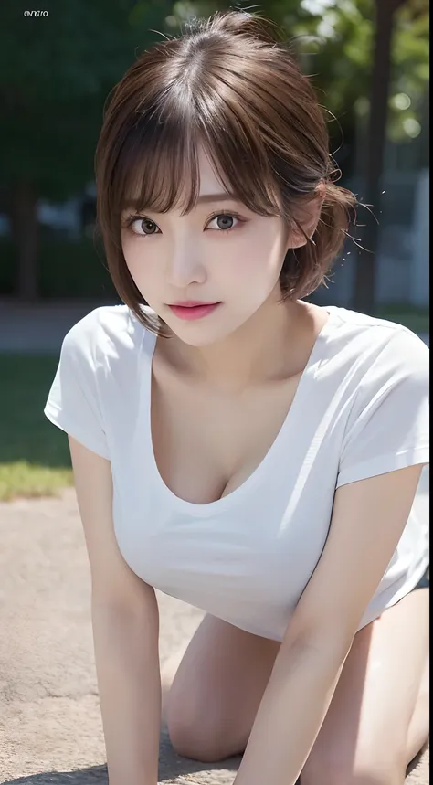 innocent 20 year old girl、((oversized white t-shirt,dramatic poses)),smile,short-cut,park background、raw photo, (8k、top-quality、...