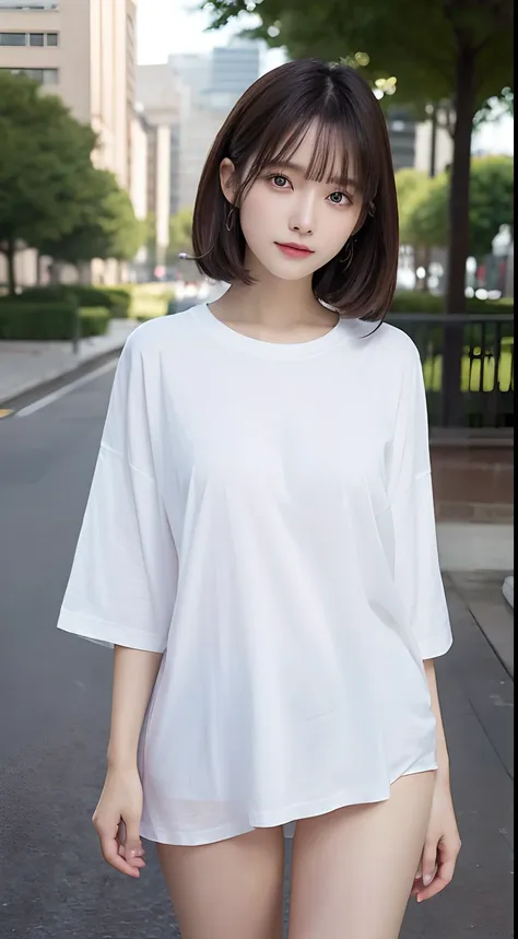 innocent 20 year old girl、((oversized white t-shirt,dramatic poses)),smile,short-cut,park background、raw photo, (8k、top-quality、...